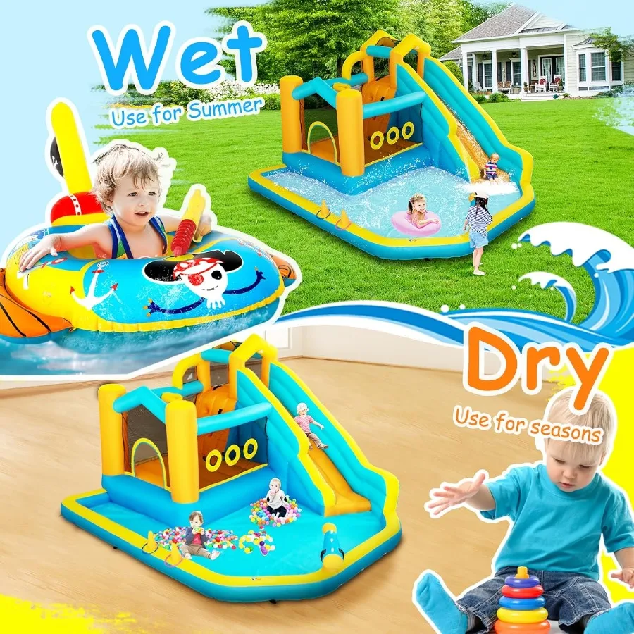 Tobogán acuático inflable para casa de rebote 8 en 1, parque acuático con soplador de 450W, pared de escalada, piscina con salpicaduras, cesta, cañón de agua genial