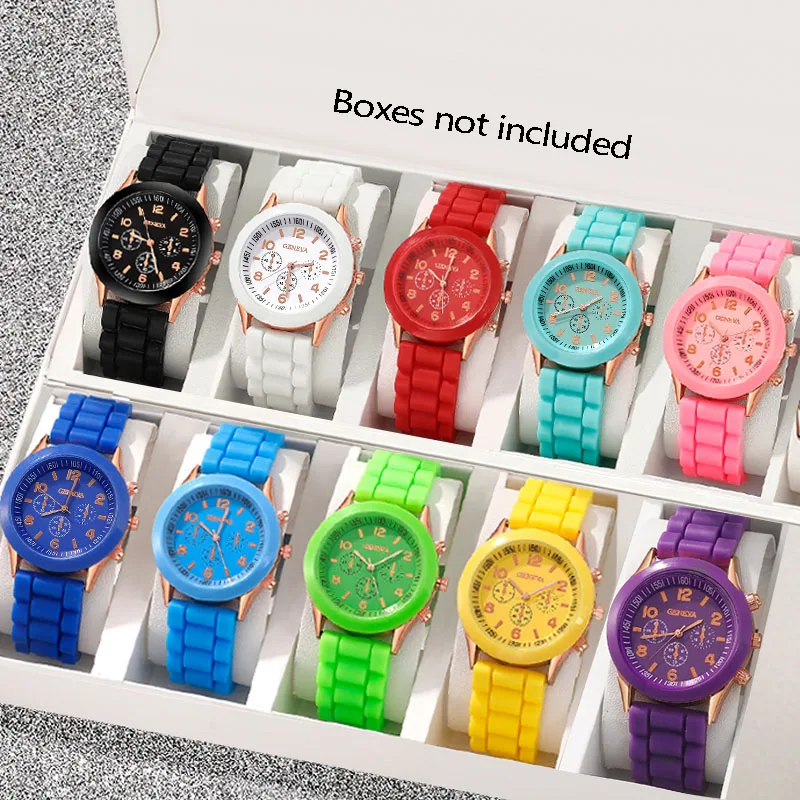 10pcs Women's Casual Fashion Silicone Strap Quartz Watch Combination Set