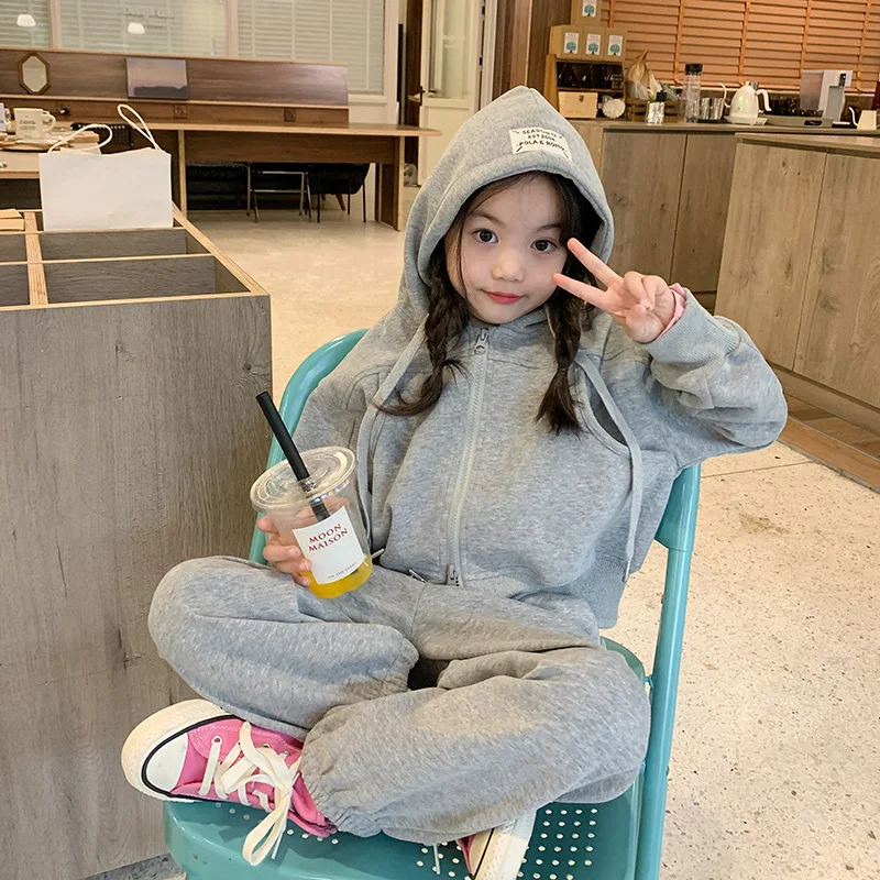 Baby Girl Clothes Suit Girls Casual Korean Double Zipper Hoodie Drawstring Ankle Sweatpants Fashion Casual Two-piece Set