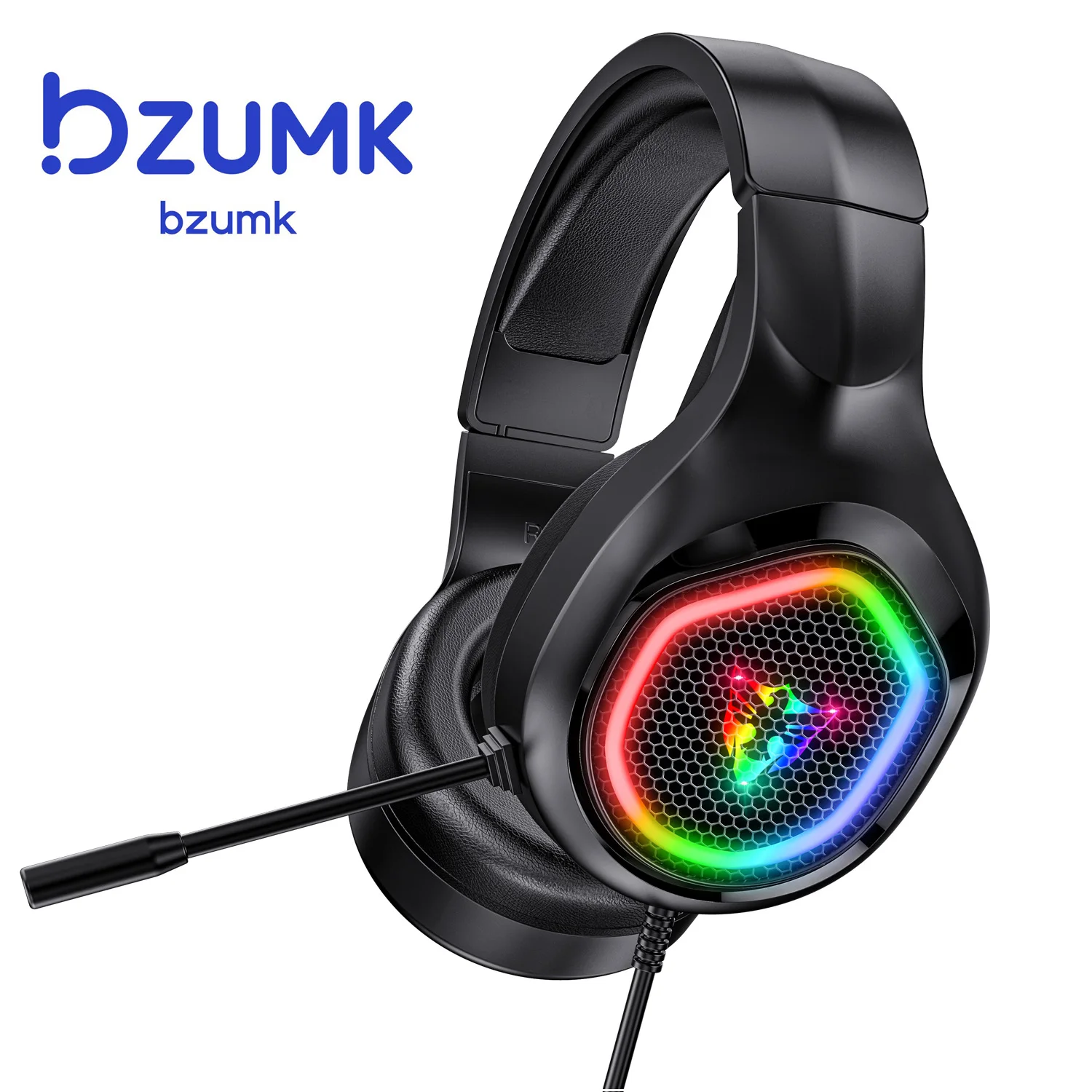 Bzumk 유선 게임용 헤드셋, USB 포트, RGB 조명, HD 유연한 마이크, 컴퓨터에 연결 가능