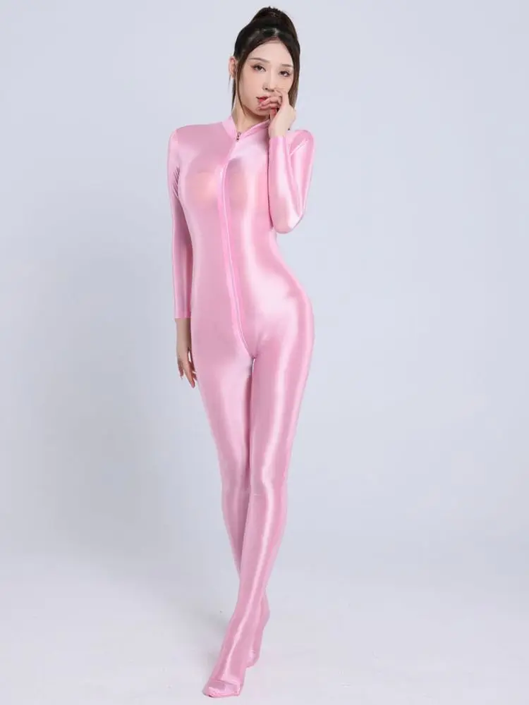 لامعة لامعة Bodystocking 2 سستة مفتوحة المنشعب ارتداءها الجوارب الساخن مثير شفافة بذلة يوتار الملتصقة Clubwear Catsuit