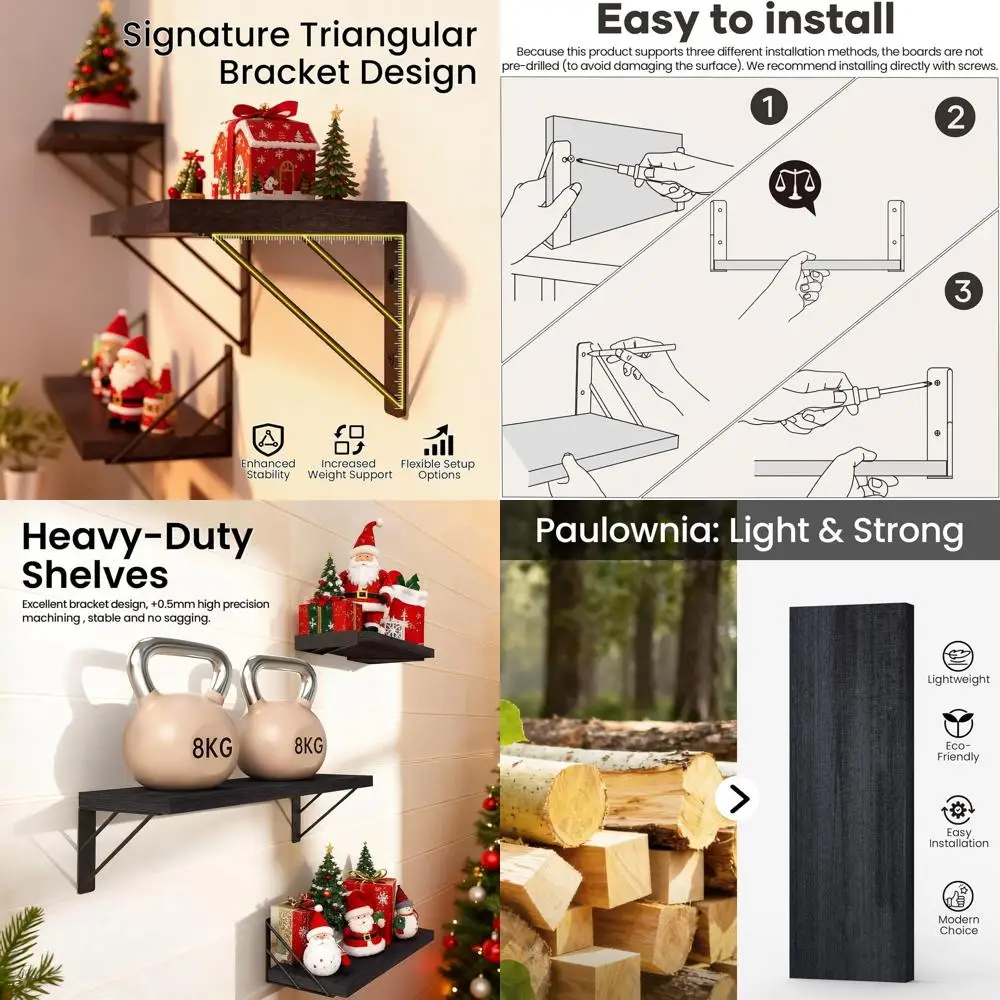 

Black Wooden Wall Shelves Set of 4 - Compact Display & Storage for Books and Decor