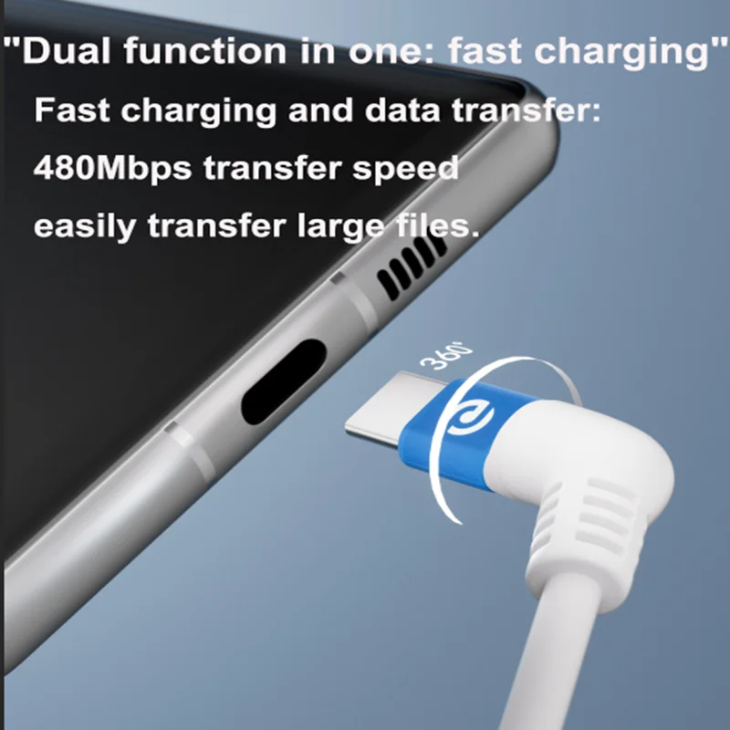 360 °   كابل USB قابل للدوران من النوع C إلى 60 وات، سلك مزامنة بيانات سريع الشحن لهاتف iPhone Samsung والكمبيوتر المحمول والكمبيوتر اللوحي