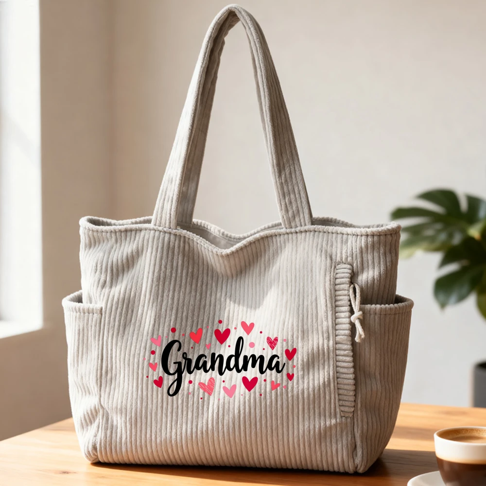 

Вельветовая сумка-тоут с карманами, большая сумка через плечо с сердечком «Бабушка», подарок на День матери и день рождения для бабушки, дедушки и прабабушки