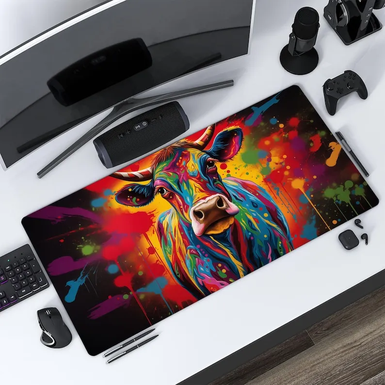 

Colorful bull mousepad with paint splashes is an ideal choice for gamer and office workers as a desktop decoration for computers