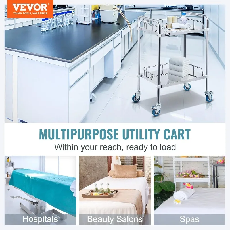 VEVOR 2-Shelf lab cart Stainless Steel Rolling cart Lab Cart with high-Polish Stainless Steel 2 Lockable Wheels for Fixing