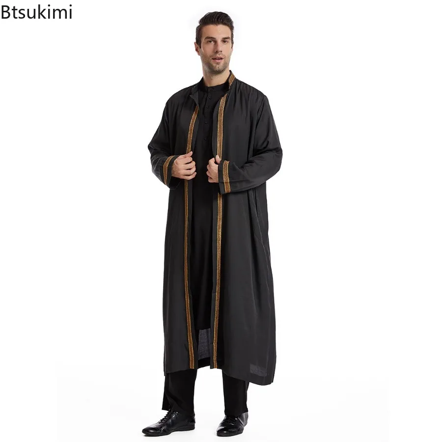 2024 roupas do oriente médio masculino tradicional jubba thobe moda gola cardigan robe muçulmano aberto abaya masculino estilo básico diário