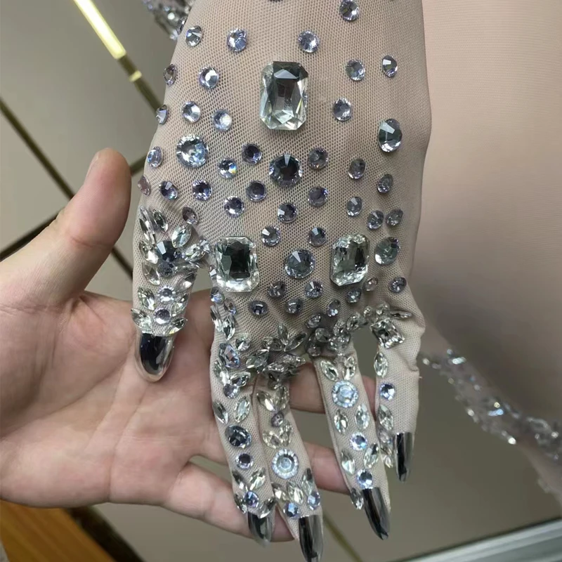 Vrouwen Party Strass Jumpsuit Handschoenen Kanten Jas Sexy Perspectief Gogo Dance Wear Nachtclub Ds Dj Drag Queen Kostuum XS7346