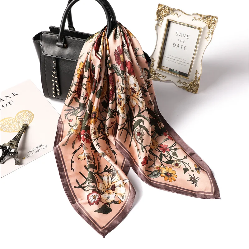 Fashion 70x70cm Silk Feeling Scarf Square Floral Printed Shawl Wrap Spring Summer Neckerchife Hair Band Lady Decor Foulard