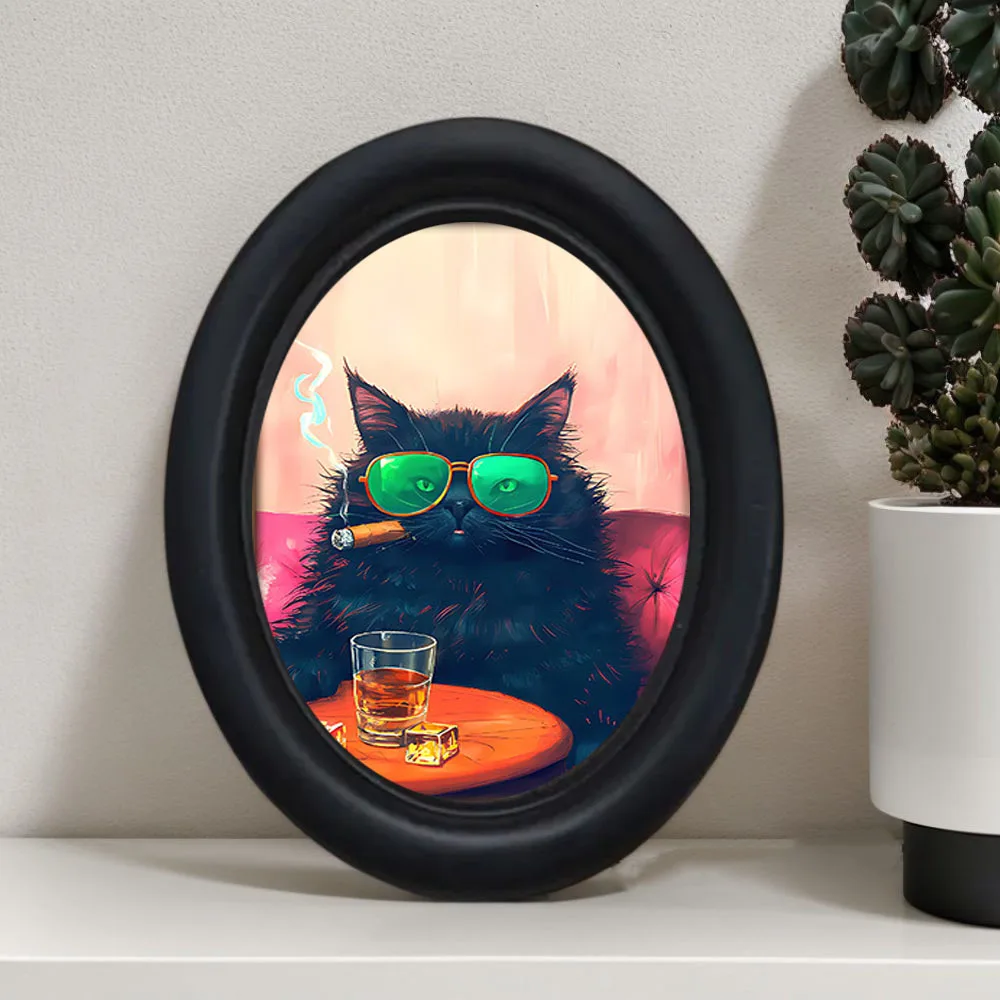1 Piece of Fun Wall Decoration Featuring a Black Cat with Sunglasses Drinking, a Framed Decorative Painting of a Playful Cat with a Quirky and Exaggerated Expression, Wooden Mini Hanging Painting, Unique Home, Kitchen, Office Decoration, Fun Gift, Holiday Gift