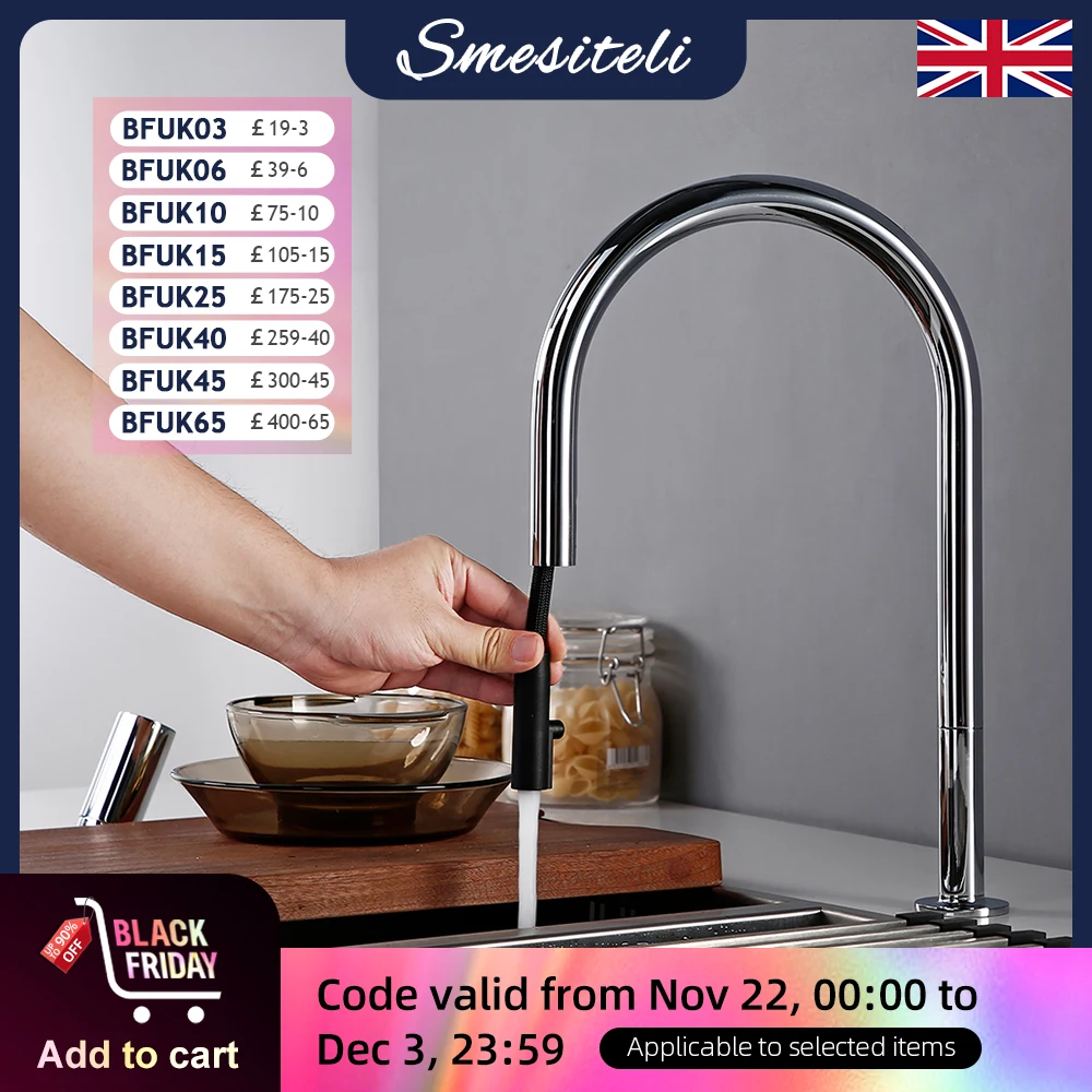 Bathroom Kitchen Basin Faucet Deck Mounted Hot & Cold Water Smesiteli Chrome and Black Single Handle Dual Hole Pull Out