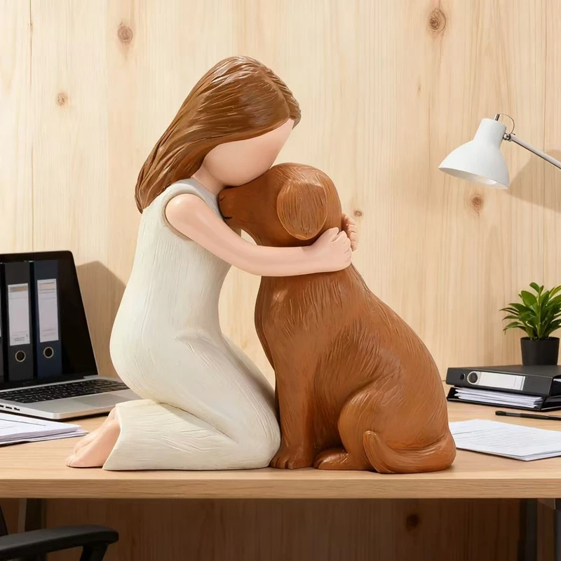 Creative Girl Hug Dog Series Figurines Statue Desktop Resin Craft Kneeling Girl Ornaments Office Bookshelf Room Home Decor Gifts