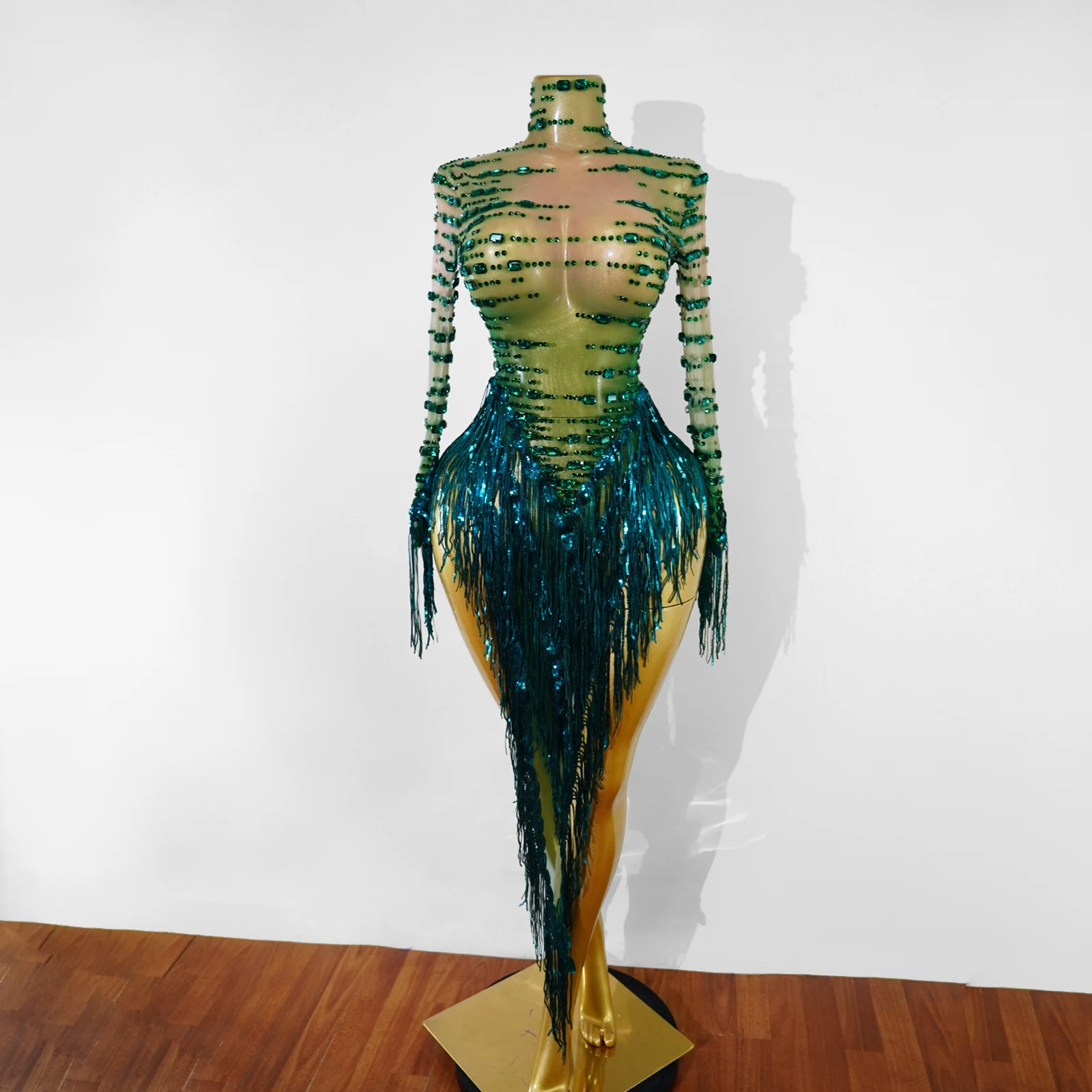 Green Rhinestone Mesh Tassel Dress Women Sheer Fringed Bodycon Gown Singer Dancer Nightclub Stage Costume Drag Queen Costume