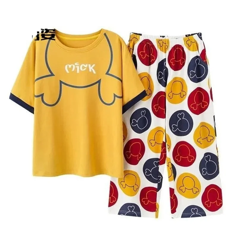 طباعة منامة المرأة الصيف مجموعات قصيرة الأكمام تي شيرت اقتصاص السراويل قطعتين مجموعات ملابس المنزل رقيقة غير رسمية طالب الدعاوى أصفر