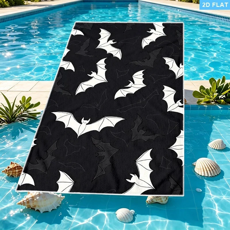 Newest Beach Towel Black Background White Bat All Over Print Microfiber Beach Towel Quick Dry Absorbent Swimming Towel