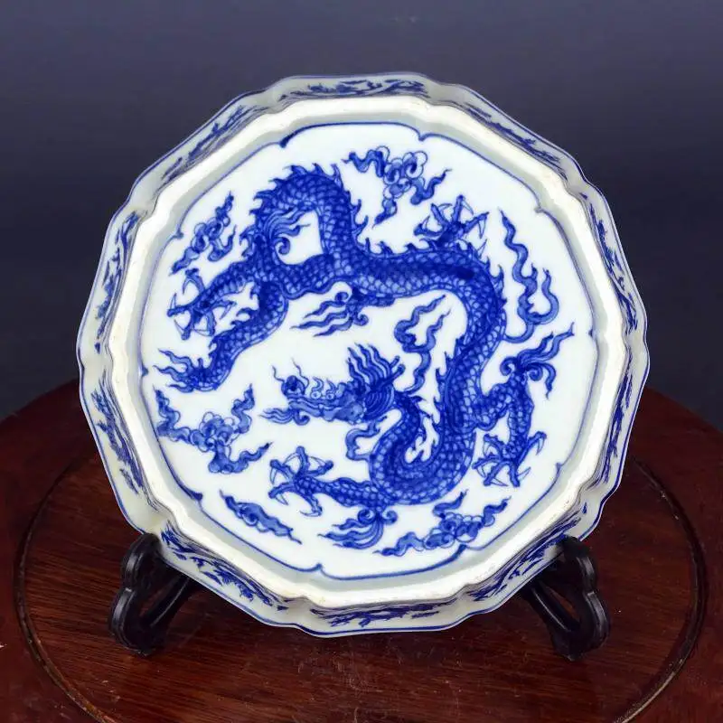 Chinese Vintage Blue White Porcelain Horseshoe Plate Nine Dragon Pattern Handmade Old Porcelain Collectible Display