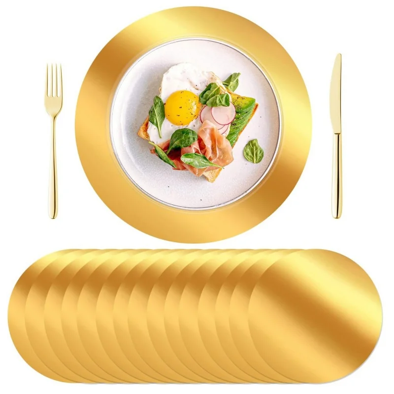 

Round Gold Placemats 13inch Disposable Paper Placemat Mirrored Place Mat for Kitchen Banquet Wedding Birthday Dinner Party Decor