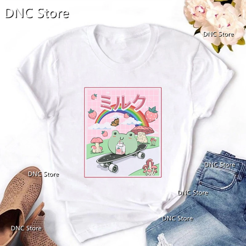 

Kawaii Frog Mushroom Milk Strawberry Frog Cartoon Print T-Shirt Femme Fashion 00s Tshirt Summer Casual Women T -Shirt Tops