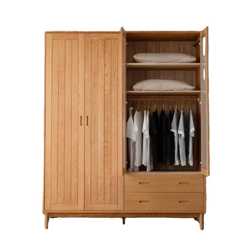 

Nordic Japanese Red Oak Large Solid Wood Wardrobe Luxury Light Home Bedroom Storage Cabinet Multi-functional Home Furniture