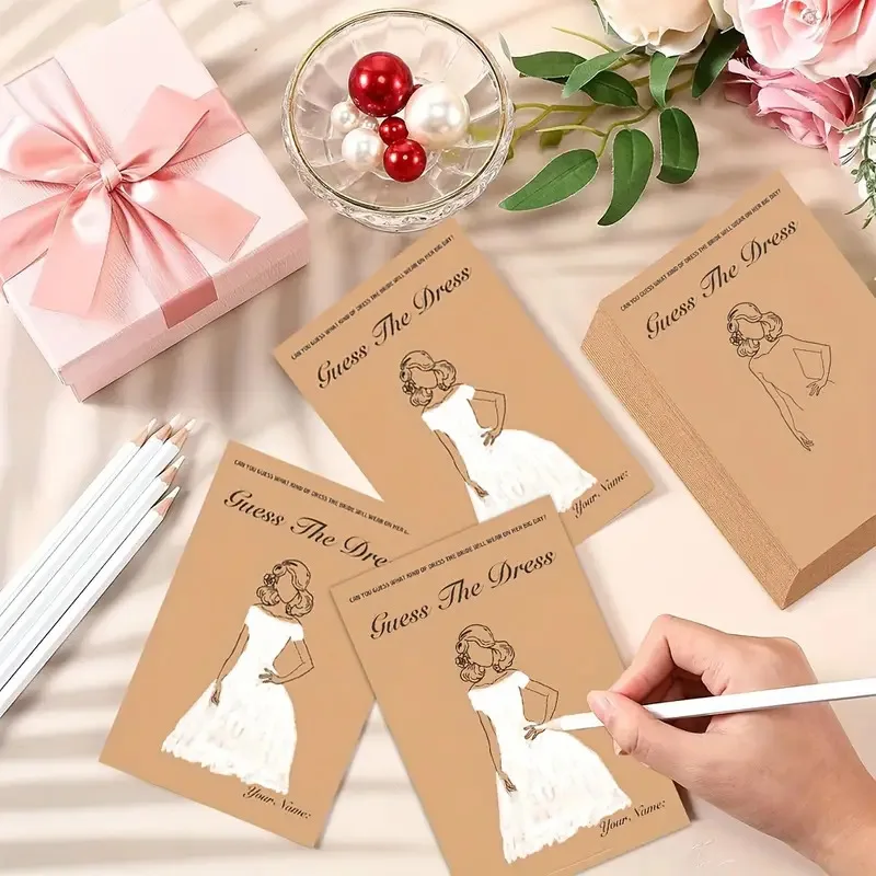 20pcs/Set Funny Guess The Dress Games Cards with Pencil Bridal Shower Wishing Card for Guest Wedding Engagement Party Decoration