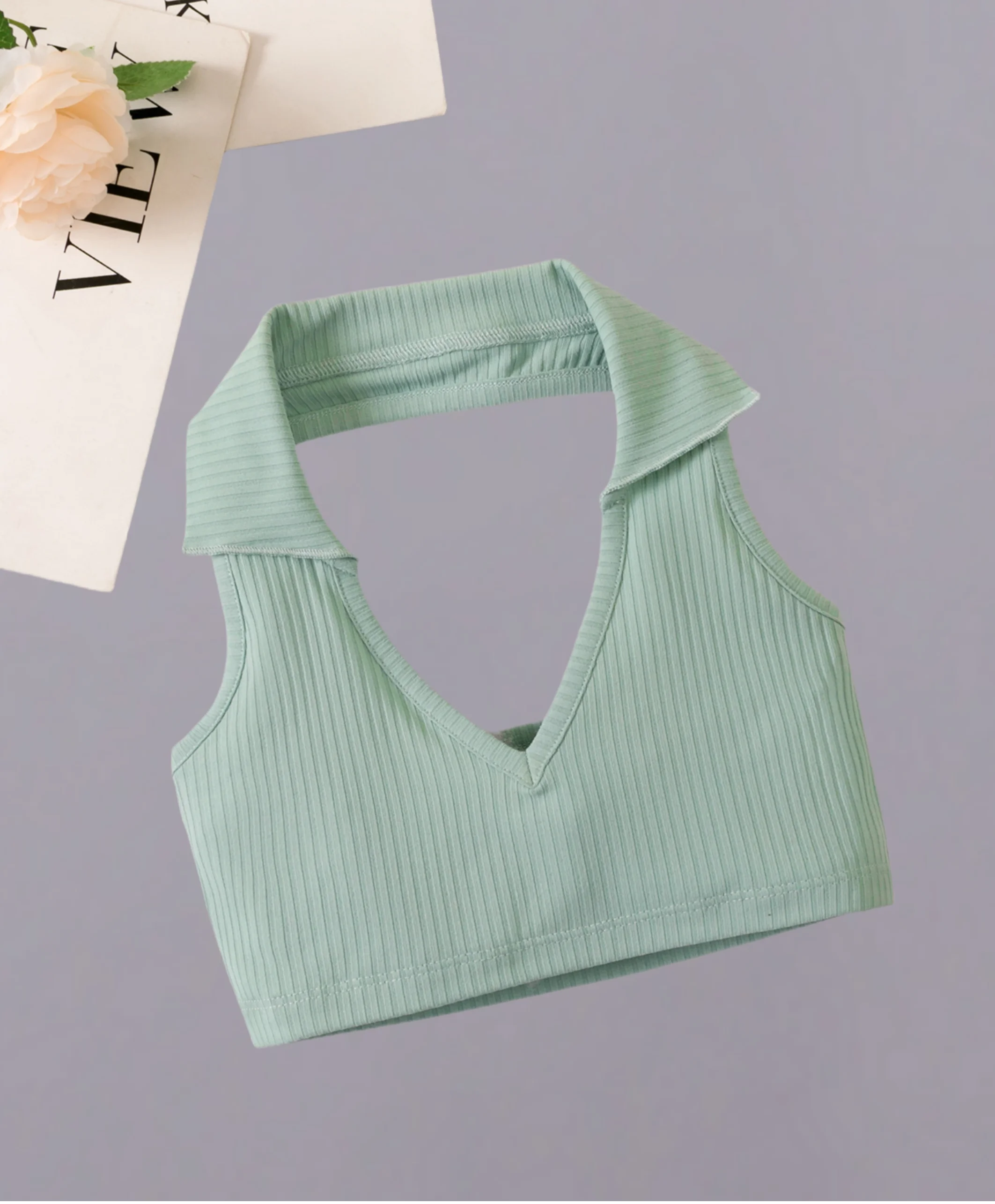 Sexy Spice bold avant-garde V-neck halter small lapel strip backless mint green girls summer vest top