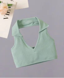 Sexy Spice bold avant-garde V-neck halter small lapel strip backless mint green girls summer vest top