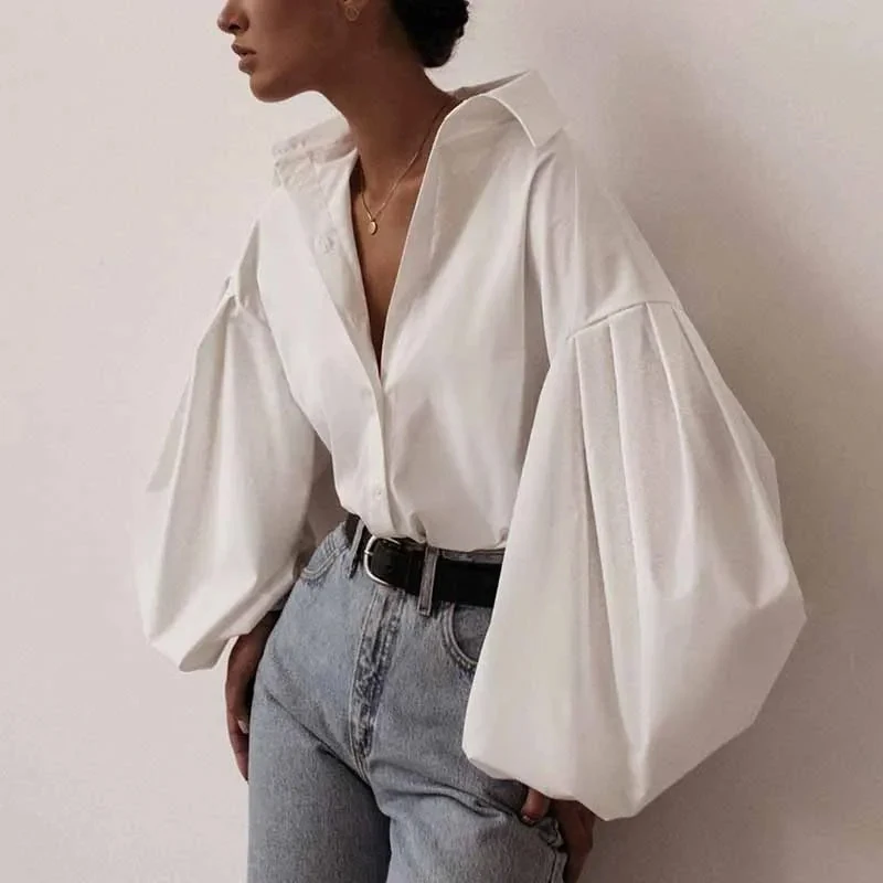 Women Lantern Sleeve White Cotton Shirt Casual Vintage Sexy Button Blouse Elegant Loose Women Office Ladies Tops Blusas 10903