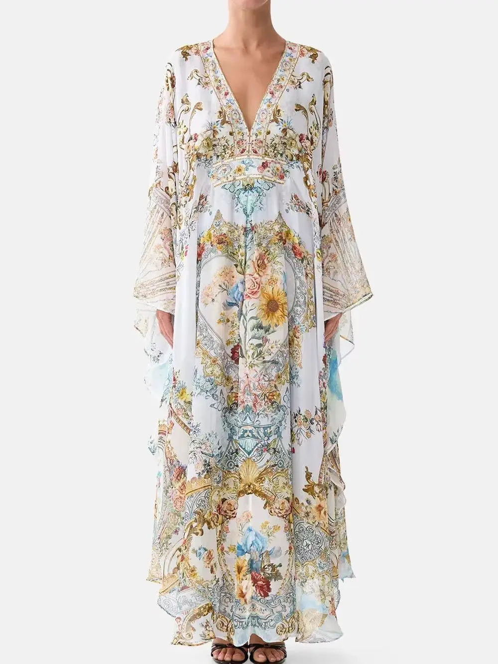 Damen Kristallperlen Maxikleid Frühling/Sommer Blumendruck V-Ausschnitt Hohe Taille Fledermausärmel Elegante Damenrobe 100% Seide