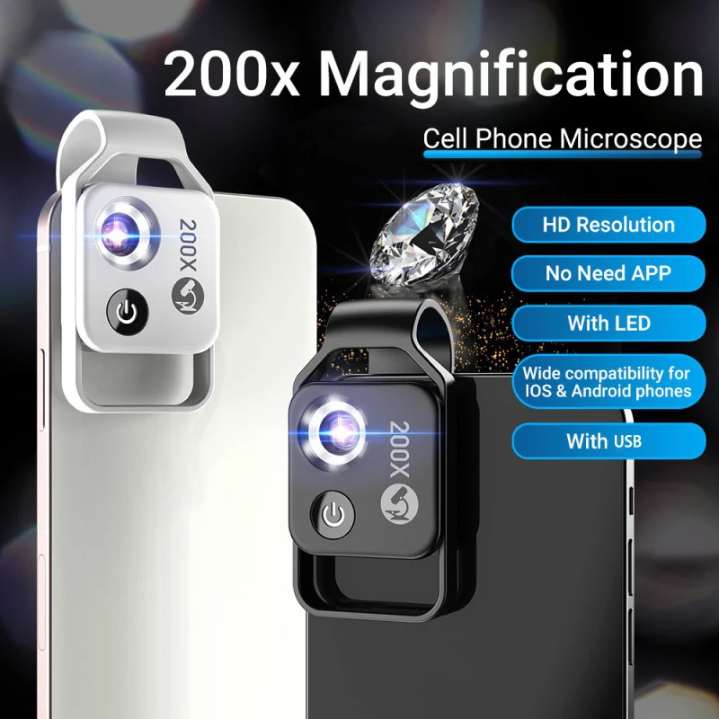 

200X Smartphone Microscope Portable Cell Phone Lens with LED and Universal Clip Macro for Adults & Children