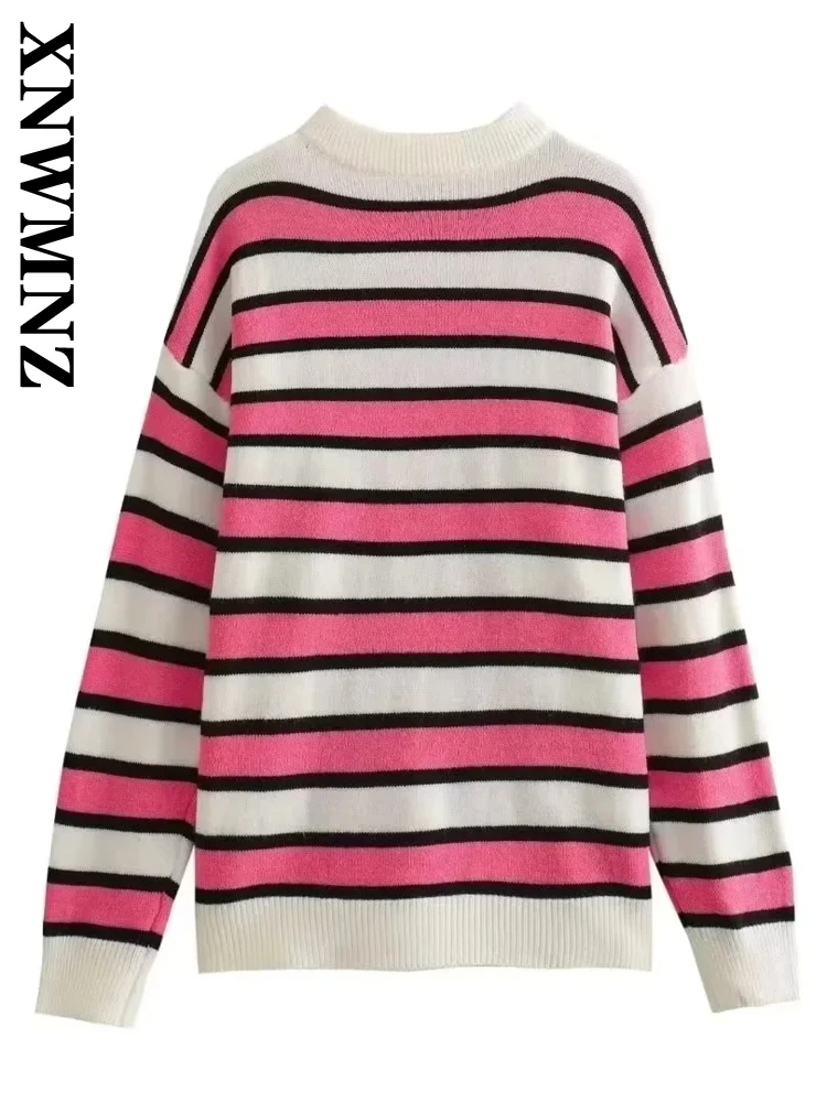 XNWMNZ 2024 New Autumn Woman's Casual O-Collar Knit Sweater Jumper Female Vintage Long Sleeve Striped Print Screw Thread Top