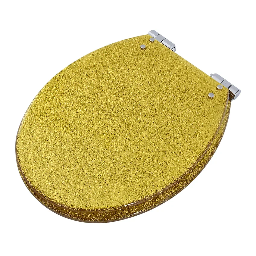

New High-grade Beautiful Twinkling Golden Resin Toilet Seat Cover Slow Down Stainless Steel Hinge U/V/O Universal Toilet Cover