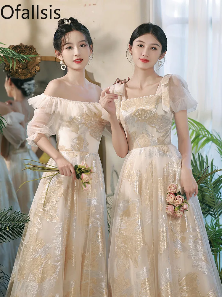 Ofallsis Puff Sleeve Square Neck Bridesmaid Dress 2023 Spring Autumn Champagne Wedding High Class Sisters Group Fairy Dresses