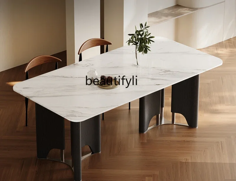 Italian minimalist rock slab small apartment dining table, modern minimalist high-end ash wood solid wood stainless steel