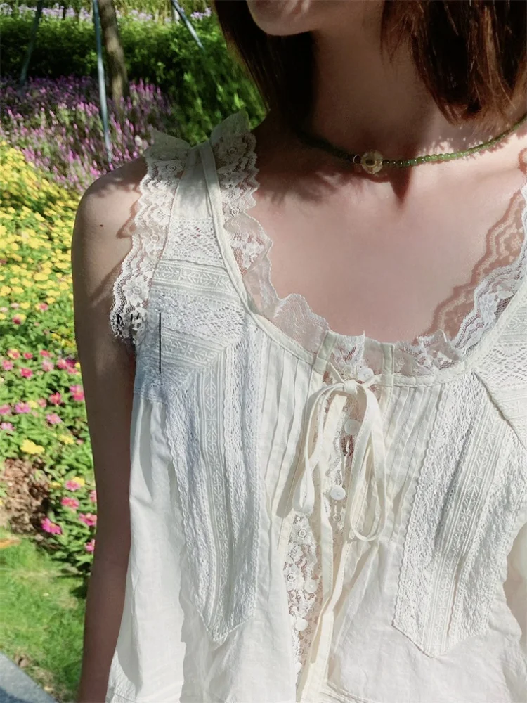 

Susan Pure Cotton Lace Trim Hollow out Strap Vest Top Versatile Spring Summer ort Sve Women's Faion Basic Color