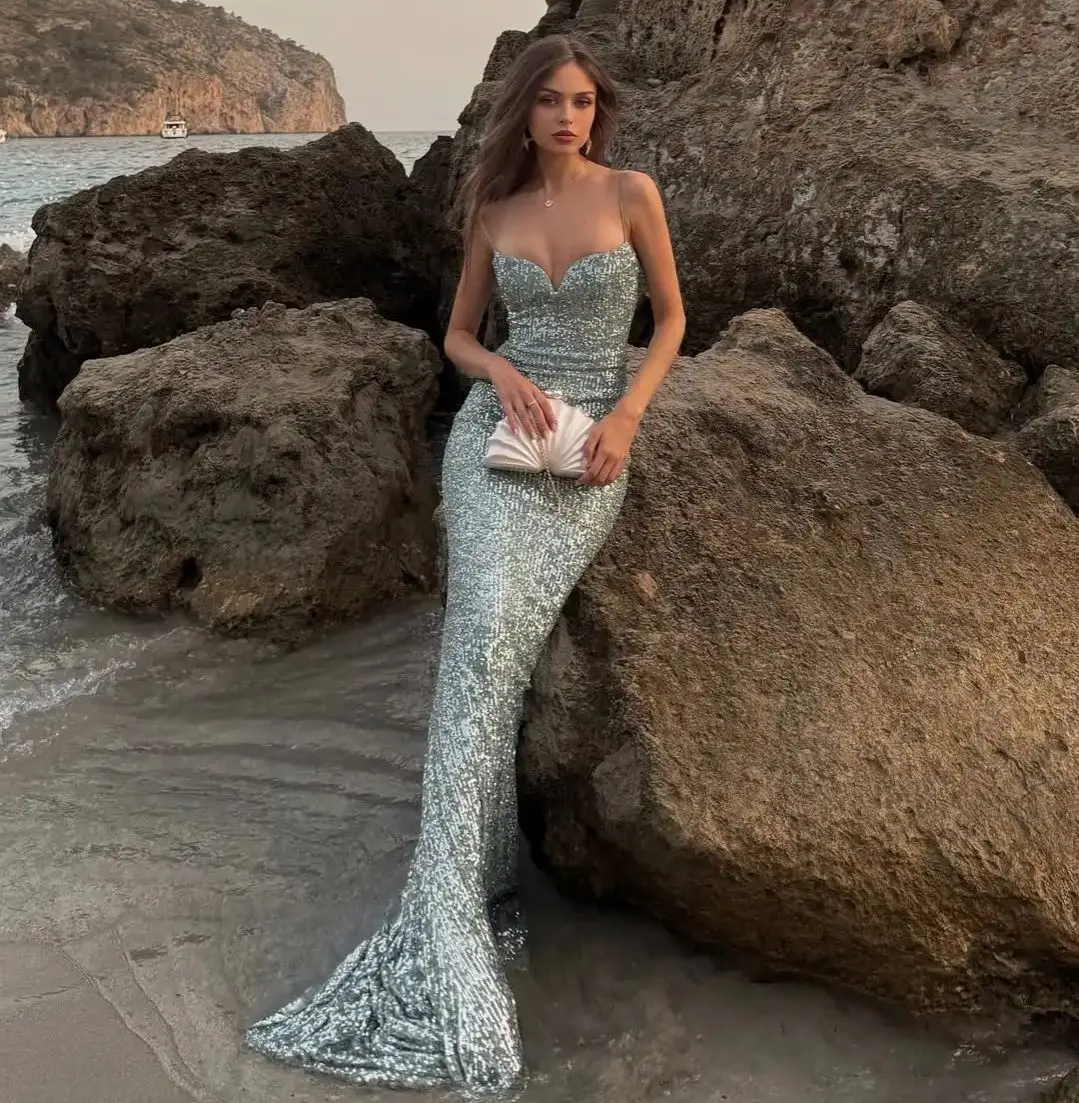 

Ofherown Mint Green Spaghetti Strap Sequin Mermaid Evening Dresses Deep V Sparkly Prom Gowns for Beach Party Prom Gala