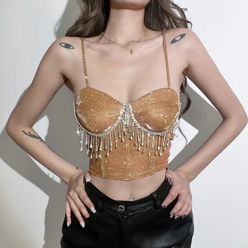 Summer new style women's halter-neck one-shoulder rhinestone fringed sexy top for women