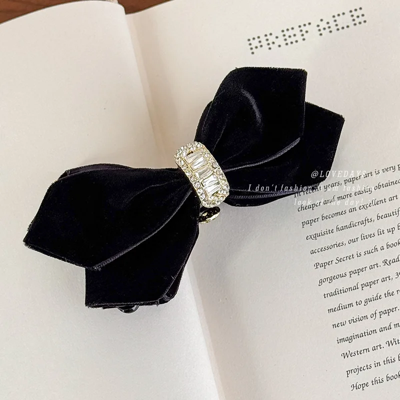 

2025 autumn and winter new black velvet bow banana clip vertical clip tie high ponytail headgear hairpin female grab clip