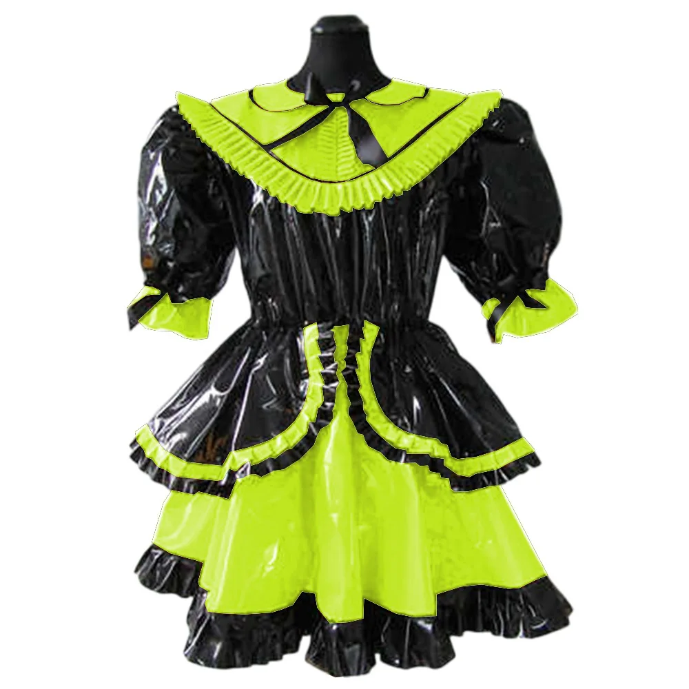 Lolita French Lockable Maid Dress,Glossy Uniform,PVC Leather,Short Puff Sleeve,Patchwork Ruffle, Pleated Swing Maid Dress,Custom