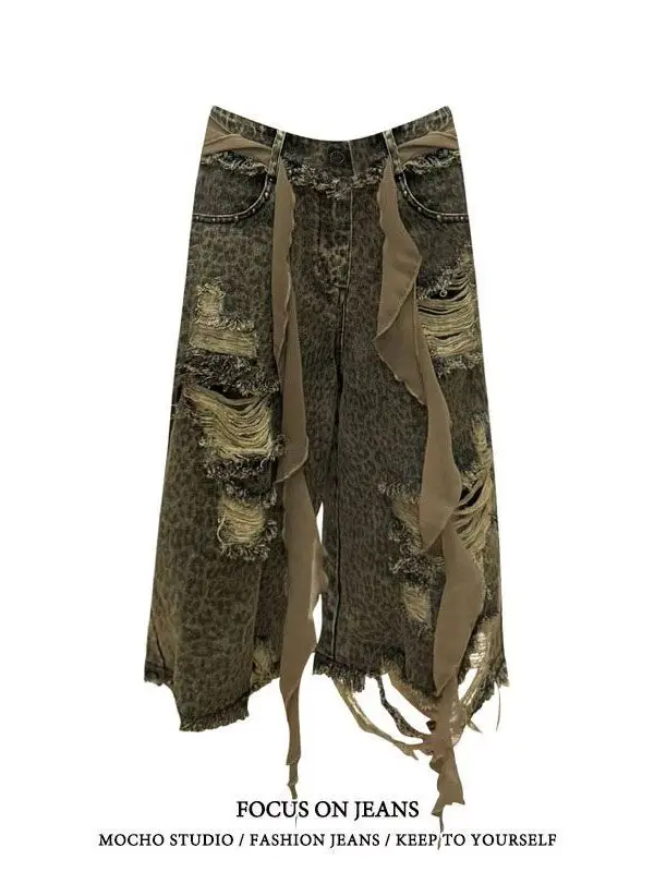 Calças Jeans Americanas Retro Plus Size com Estampa de Leopardo, Cintura Alta, Corte Solto, Jeans de Verão para Homens e Mulh...