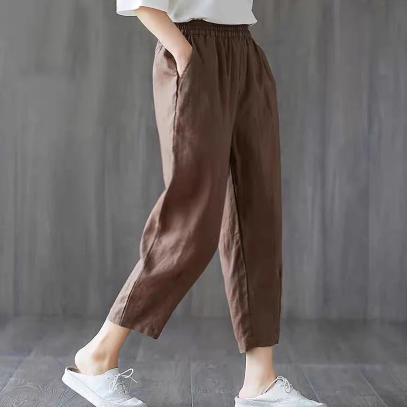 Rimocy Summer Loose Cotton Linen Pants Women Casual Elastic High Waist Harem Pants Woman 2024 Thin Ankle Length Trousers Womens