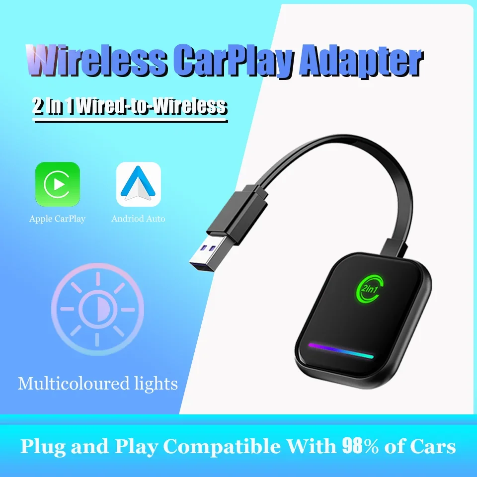 

New Wireless 2in1 Android Auto and Apple CarPlay LED Adapter Smart Plug and Play Bluetooth WiFi USB Connection for 98% of Cars