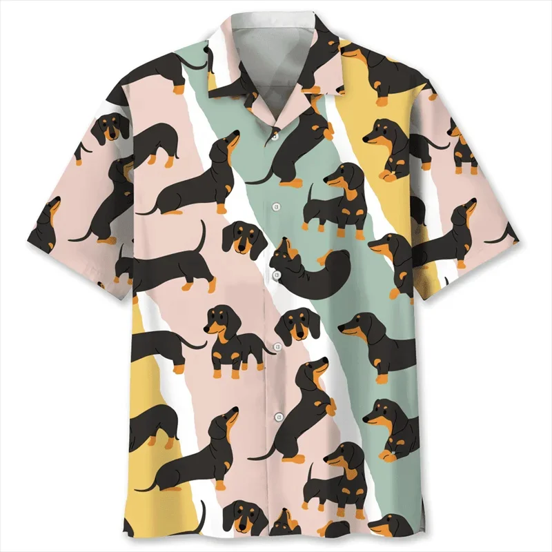 

3D Printed Cartoon Dachshund Dog Hawaiian Shirt For Men Animal Pet Graphic Blouse Summer Vacation Lapel Button Tops Beach Shirts