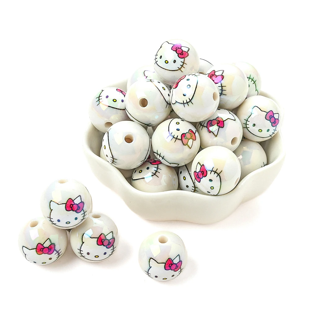 

10 шт. модных акриловых бусин Sanrio Hello Kitty, белые круглые бусины для изготовления украшений, клипсов для сосок, декора для вечеринок, бисероплетения, украшения ручек
