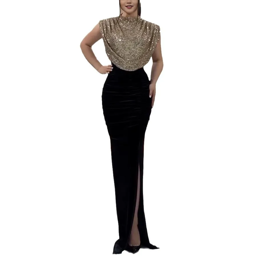 سيدة الموضة بلا أكمام ثنيات سبليت فستان عادية س الرقبة الترتر الربط فستان الحفلات 2026 السنة الجديدة أنيقة عالية الخصر فستان طويل #6