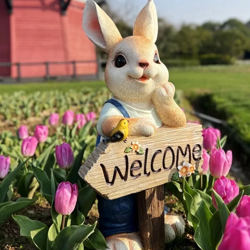 Cute Rabbit Wayfinding Sign Resin Animal Lawn Ornament Miniature Garden Decorations Standing Style Welcome Sign for Outdoors