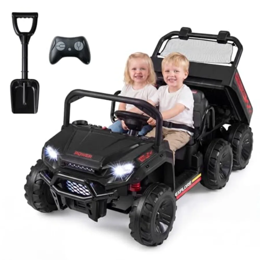 

24V 2-Seater Ride-On Dump Truck for Outdoor Play, Steel Frame, Black, 4WD Remote Control with Electric Dump Bed Spring Suspensi