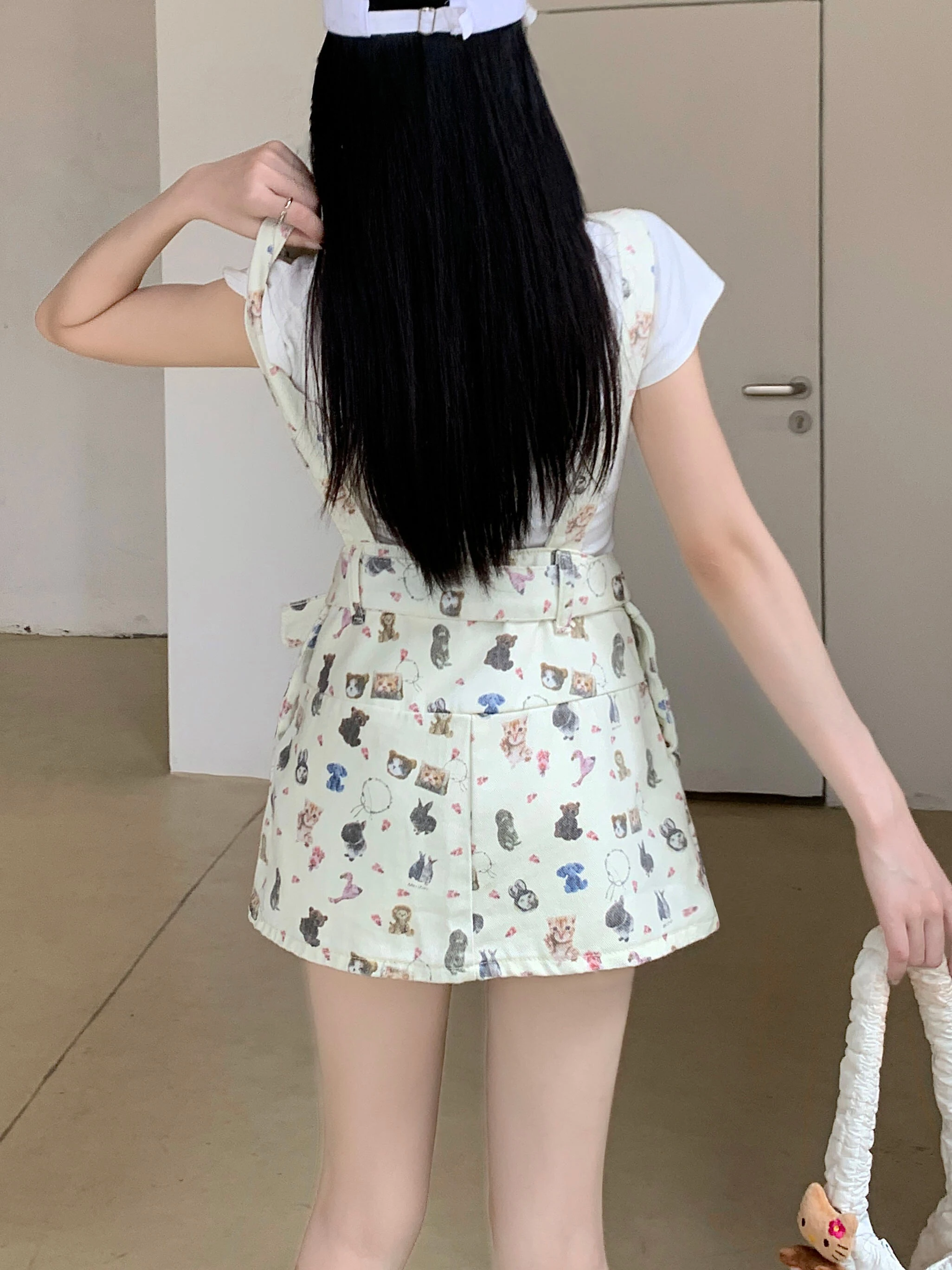 2024 Women Washed Cartoon Printed Denim Shoulder Strap Short Skirt  Suspender Girls Wide Leg Loose A-line Dress