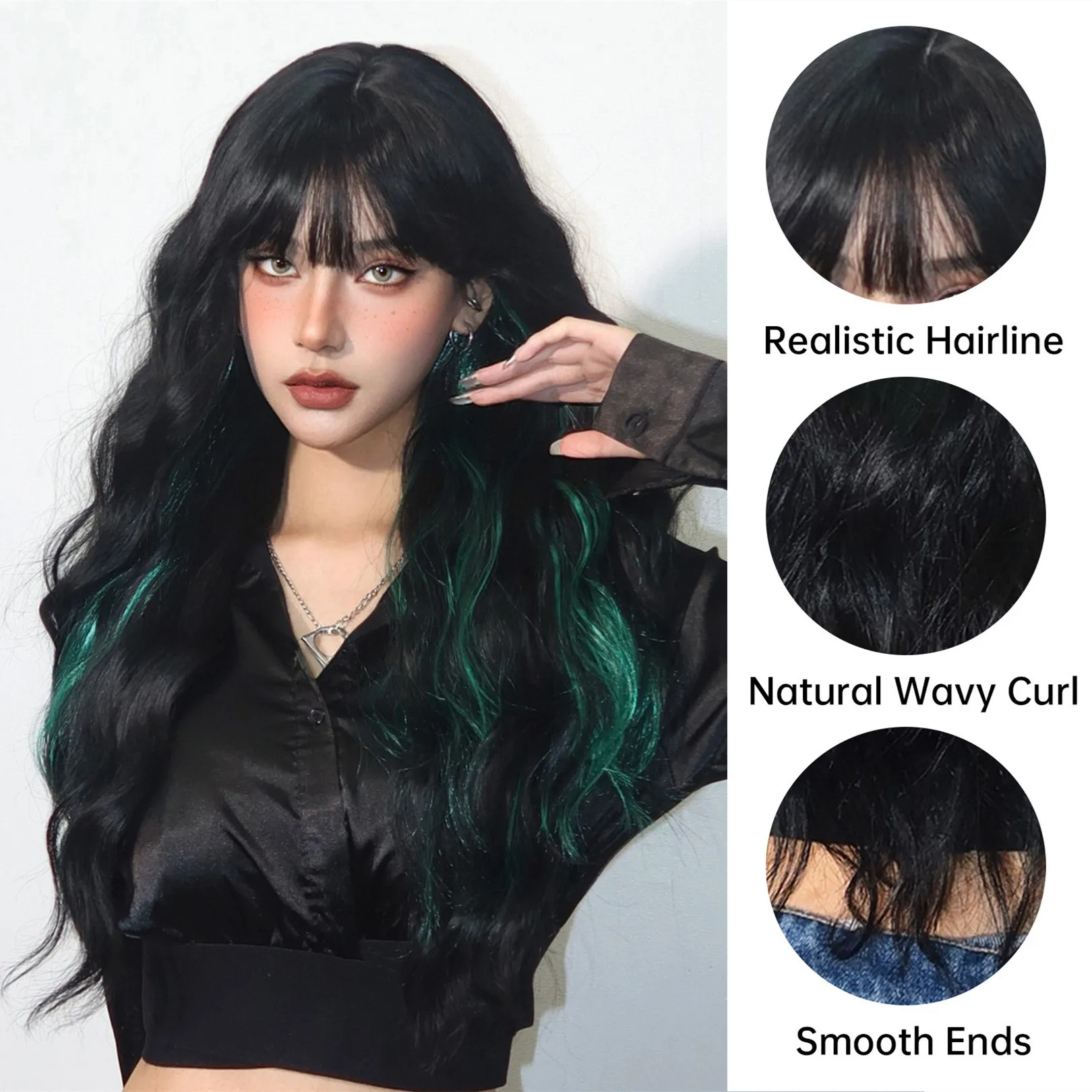 ALAN EATON Black Wigs with Green Highlight Long Wavy Wig with Bang Heat Resistant Synthetic Hair for Party Daily Use for Women