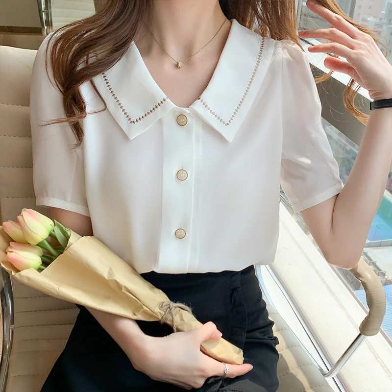 Blusas Blouses Femme Tops Women Turn Down Collar Blouse Women 2024Summer White Blouse Short Sleeve Chiffon Blouse Shirt E778