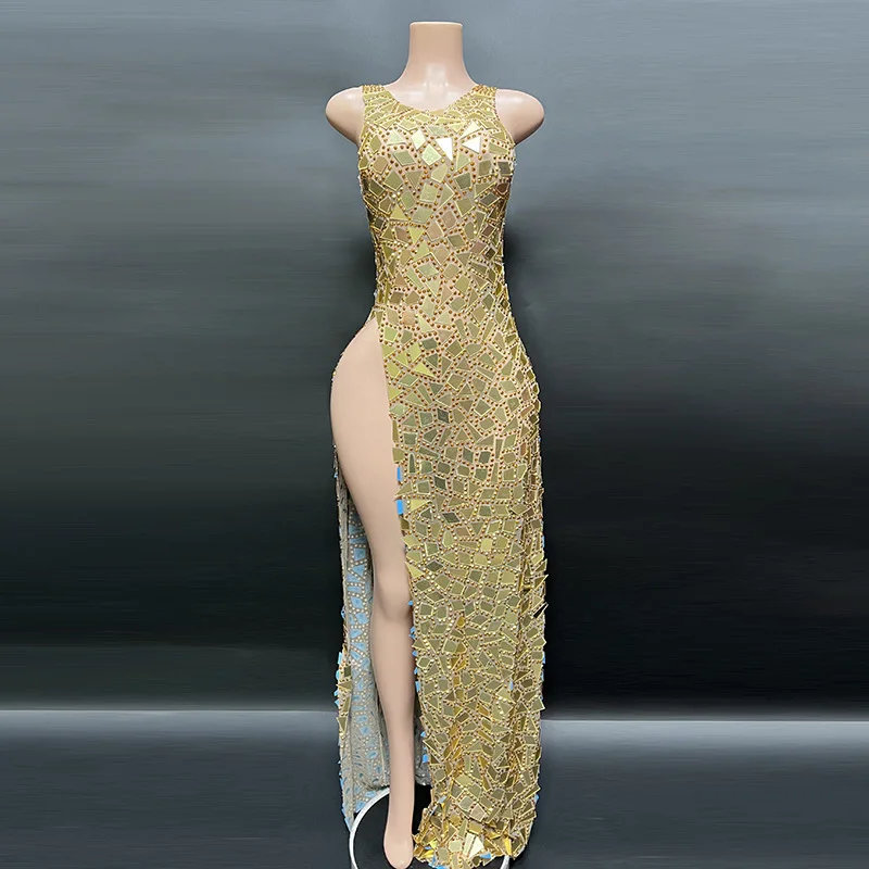 

Performance Clothes Partial Evening Dress Thin Sequins Mirror Big Split Model Internet Celebrity Show Shining Night Yellow Dress